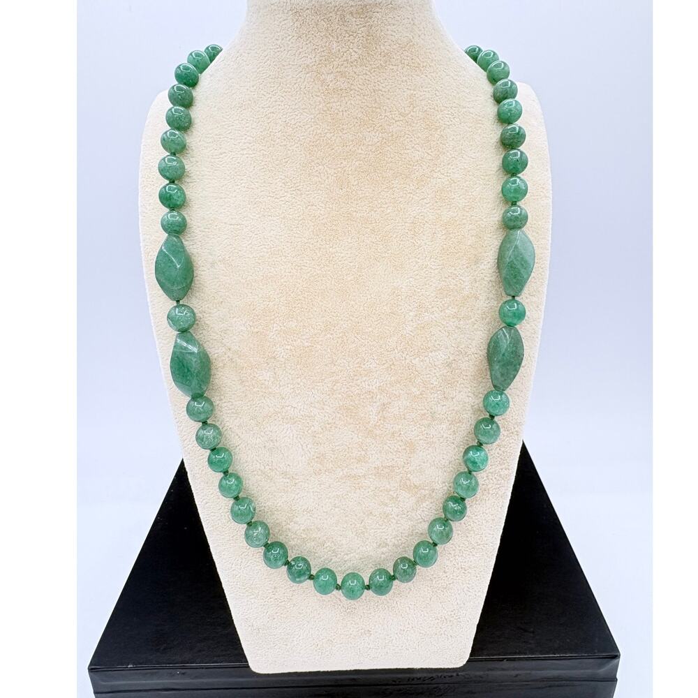 Vintage 32” Carved Green Aventurine Necklace Continuous Beads with Oval Accents